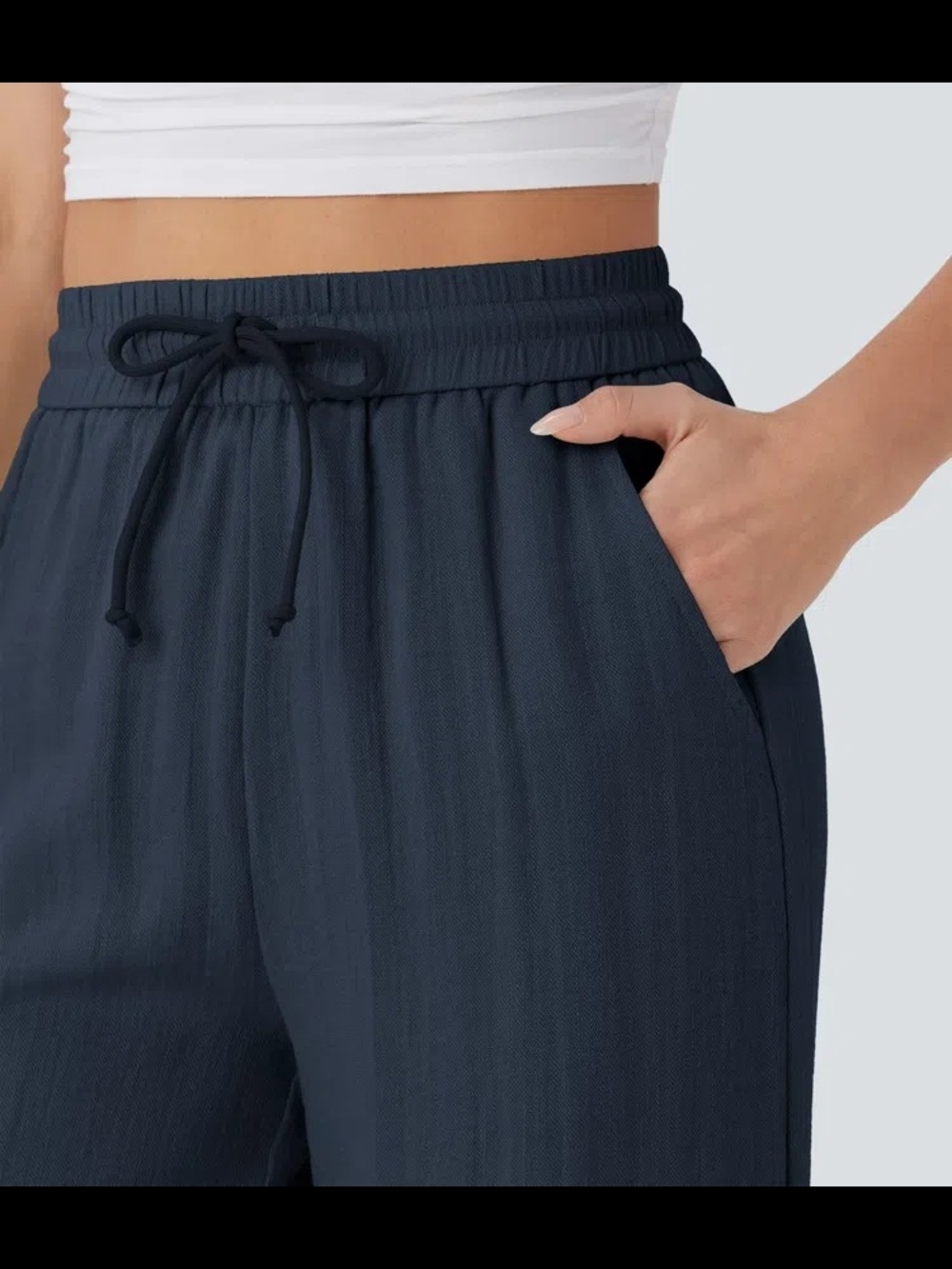 Halara High Waisted Drawstring Pocket Wide Leg Baggy Casual Linen-Feel Pants - Picture 3 of 4